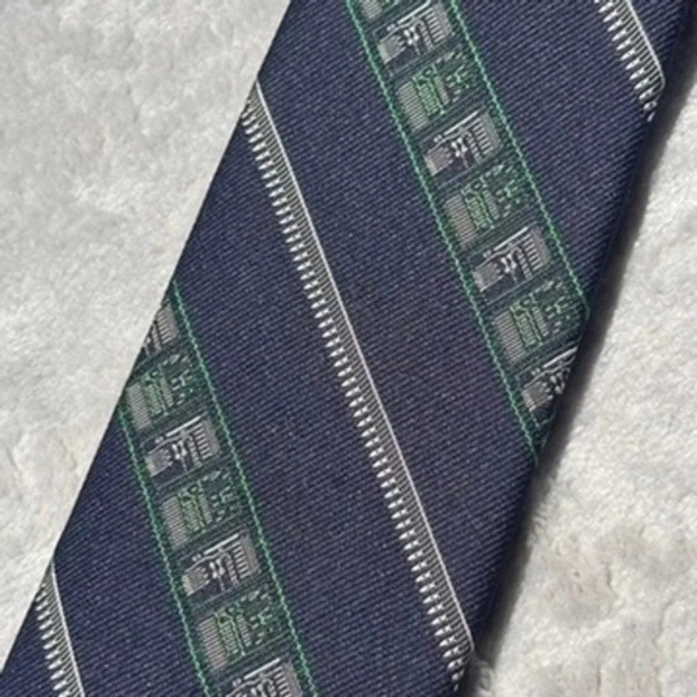 Vintage Smithsonian Navy Blue Circuit Board Tech Silk Blend Necktie Stripe